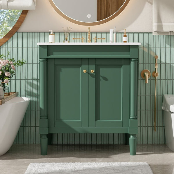 English Elm 30" French Style Bathroom Vanity with Ceramic Basin Soft Close Doors Wood Legs Green N710P415327F