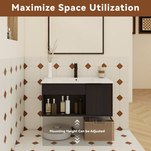 English Elm 30" Floating Bathroom Vanity Dark Oak Cabinet Ceramic Sink Open Shelf Soft Close W3450P435831