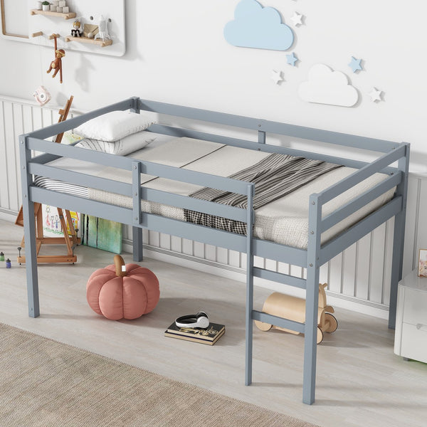 English Elm Solid Twin Loft Bed with Ladder and Reinforced Slats for Storage-Friendly, Space-Saving Bedrooms Grey W504P190928