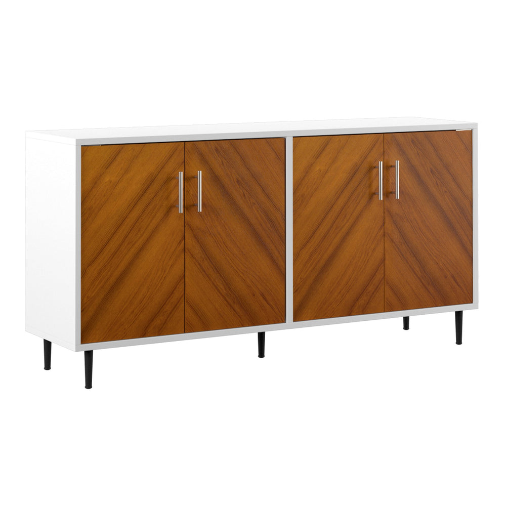 English Elm Walker Edison - Mid-Century Faux-Bookmatch Door Buffet with Metal Legs, Two-Tone Teak/White Storage Console B185P169345