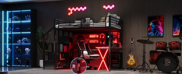 English Elm Full Full Size Metal Loft Bed with Built-In Desk, Wardrobe & Stair Storage, LED Lights, Space-Saving Black GX000663AAB