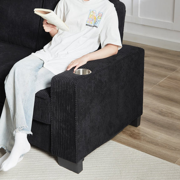 English Elm 83.86"Corduroy comfy sofa with resilient sponge & spring cushions, stylish modern 3-seater for living spaces Black W1359P215065