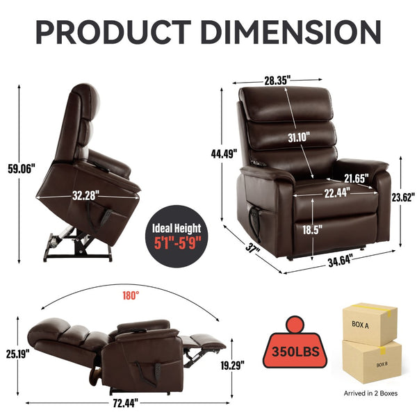 English Elm Dual Motor Power Lift Recliner with Massage Heat and 180 Degree Brown Lounge Chair Brown W1803S00063