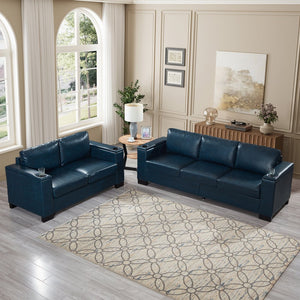 English Elm Two Two-Piece 5-Seater Sofa Set with Cup Holder & Storage, Polyester Upholstery, Solid Wood Frame, Coil Spring Seats, Removable Covers, Modern Square Arm Design for Living Room Comfort and Durability Navy Blue W1097S00204