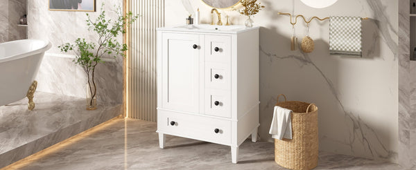 English Elm 24-inch Matte Bathroom Vanity Rubberwood Cabinet with Ceramic Sink and Soft-close Drawers White N729P377516K