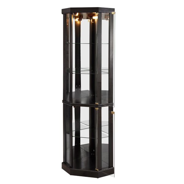English Elm Lighted Corner Curio Cabinet Black with Built-In Lighting, Adjustable Glass Shelves, Anti-Tip Safety (90") W2275P292656