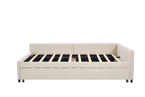 English Elm Upholstered Velvet Daybed with Pull Out Trundle Diamond Tufted Guest Bedroom Sofa Beige W1361S00069