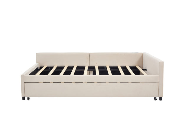 English Elm Upholstered Velvet Daybed with Pull Out Trundle Diamond Tufted Guest Bedroom Sofa Beige W1361S00069