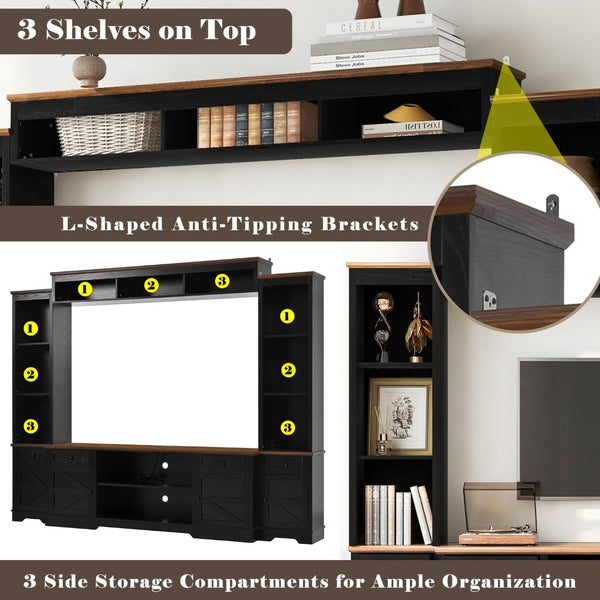 English Elm U-can Farmhouse Wall Unit with Barn Doors Built-in Power Outlets and Open Shelving Black+Brown SJ000154AAB