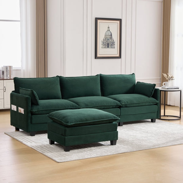 English Elm United We Win Modular Corduroy Sectional with Ottoman Low Profile Living Room Couch Emerald W1568S00257
