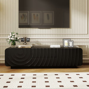 English Elm 58''tv Console Sculpted Spiral Wave Relief Walnut Mid-century Media Stand with Storage Black W2263P412355