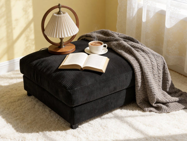 English Elm Corduroy Ribbed Upholstered Ottoman Plush Footrest or Extra Seating for Living Rooms Black B2748P483333