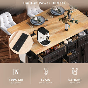 English Elm K&k Farmhouse Rolling Kitchen Island Drop Leaf Power Outlet Five Drawers Cabinet Storage Black N707S263094B