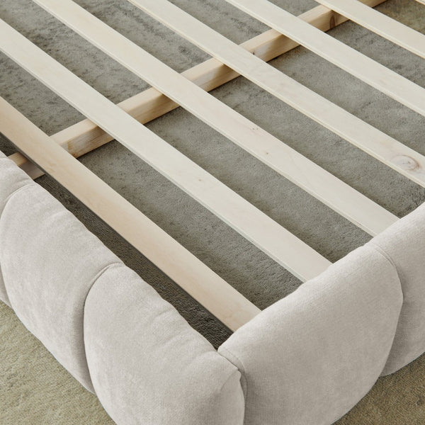 English Elm King Platform Bed Fully Upholstered in Plush Chenille with Low Profile Modern Frame Beige W487S00468