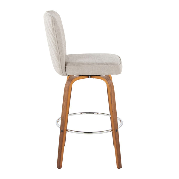 English Elm Fixed-height Swivel Barstools Mid-century Walnut Bentwood Frame Grey Upholstered Set Beige B202S01923
