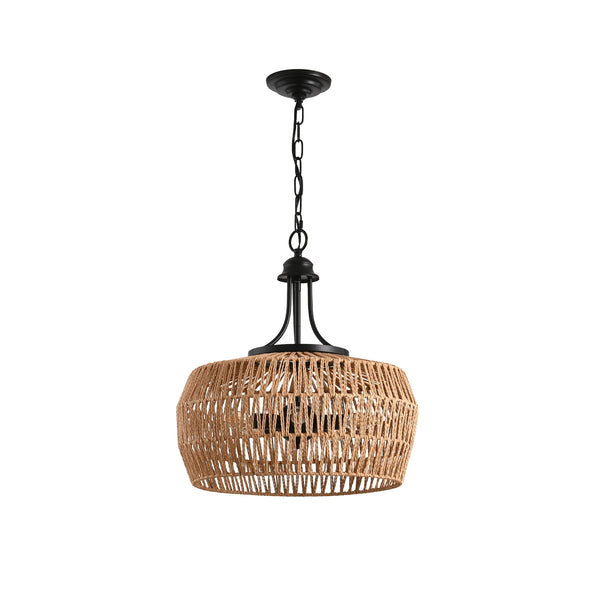 English Elm 19" Boho Hemp Rope Pendant Light - Hand-Woven Jute Shade, Wrought Iron Accent, Adjustable Chain, Warm Ambience W1340P241300