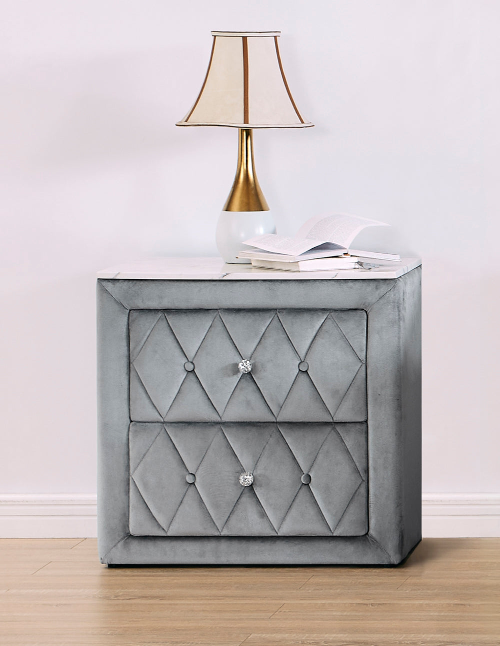 English Elm 1pc Nightstand with Faux Marble Top and 2 Drawers — Button Tufted Upholstery, Metal Knobs, Durable Build Gray 30 L x 21.5 W x 28.5 H B011P265730