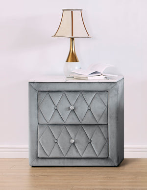 English Elm 1pc Nightstand with Faux Marble Top and 2 Drawers — Button Tufted Upholstery, Metal Knobs, Durable Build Gray 30 L x 21.5 W x 28.5 H B011P265730