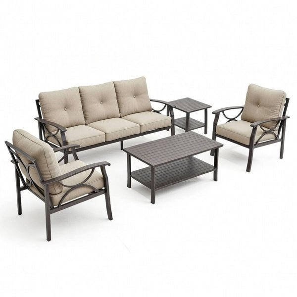 English Elm 5-piece Outdoor Conversation Set with Steel Frame Weather Resistant Cushions Patio Seating Beige B082S00122