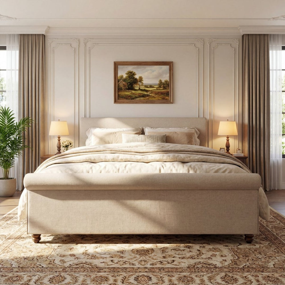 English Elm King Upholstered Bed Linen Fabric Rolled Headboard Rubberwood Legs Primary Bedroom Sand N757K384825S