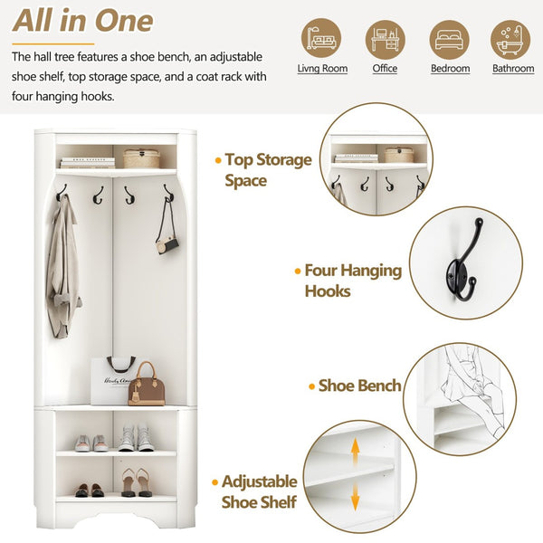 English Elm Minimalist White Corner Hall Tree with Bench Shoe Storage and Four Entryway Hooks N721P401788K