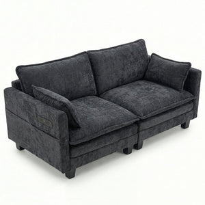 English Elm Modern Chenille Upholstered Loveseat with Usb Ports and Pockets for Compact Living Black W2519P486088