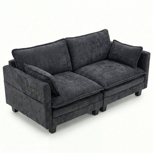 English Elm Modern Chenille Upholstered Loveseat with Usb Ports and Pockets for Compact Living Black W2519P486088