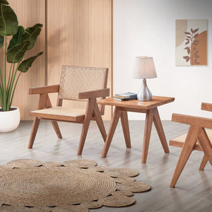 English Elm Beige Rattan Accent Chair with Natural Wood Legs — Breathable Seat, Rustic Earthy Style for Home B062P209169