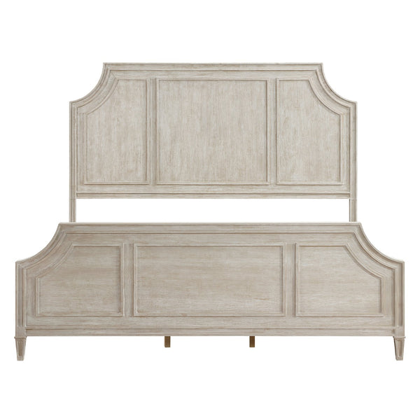 English Elm Traditional Leander Queen Bed Light Brown Oak Veneer Curved Frame Picture Molding Elegant Bedroom Statement B011S01105