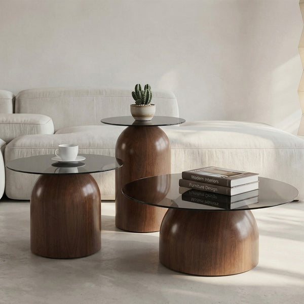 English Elm Nesting Coffee Tables Set of 3 Round Tempered Glass Tops Walnut Steel Base Living Room W2920S00149