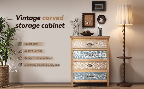 English Elm Vintage Bohemian Four Drawer Chest Distressed Solid Wood Floral Scroll Bedroom Storage W2295P414113