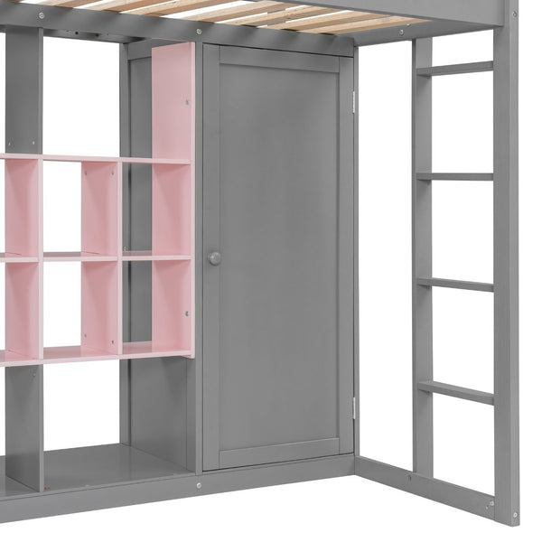 English Elm Twin Loft Bed with Wardrobe Shelves and Cabinet Kids Bedroom Wood Storage Frame Pink+Grey N708S00023E