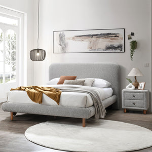 English Elm Grey Boucle Curved 2-Drawer Upholstered Nightstand with Wooden Legs — Midcentury Chic Storage Accent B062P209004