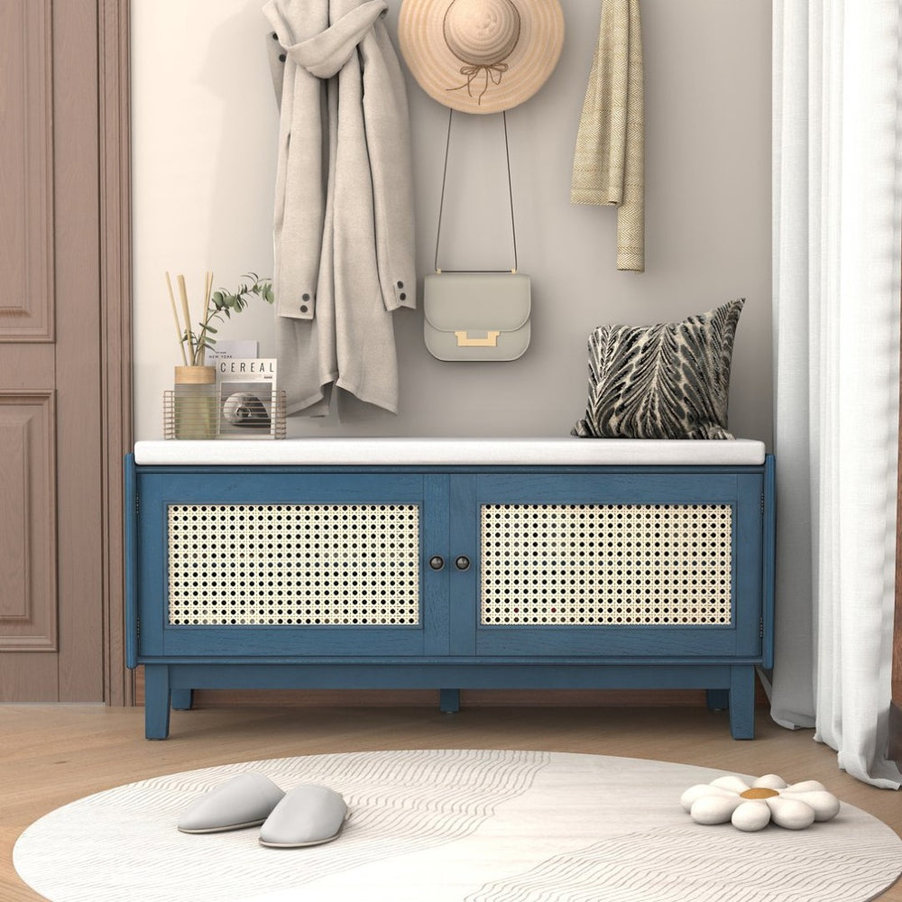 English Elm Trexm Bohemian Rattan Storage Bench Cushioned Seat Shoe Cabinet for Entryway Antique Navy,Beige N715P308012M