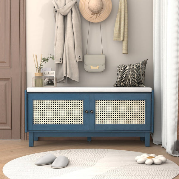 English Elm Trexm Bohemian Rattan Storage Bench Cushioned Seat Shoe Cabinet for Entryway Antique Navy,Beige N715P308012M