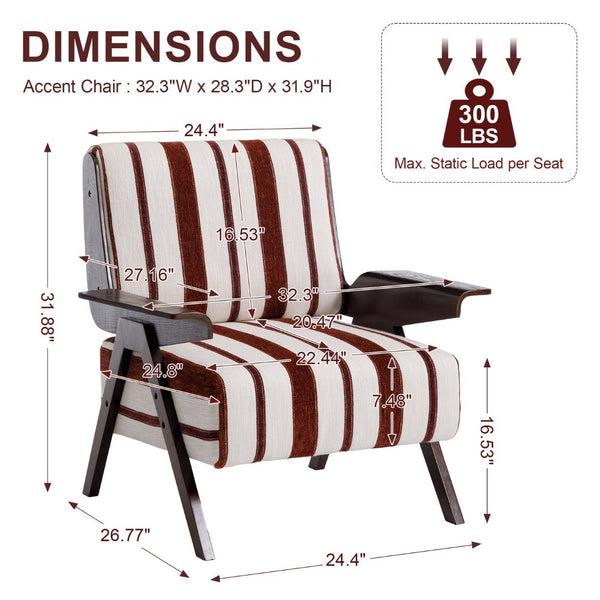 English Elm Modern Striped Linen Accent Chair Solid Wood Legs Wide Armrests for Living Room W1249P479887