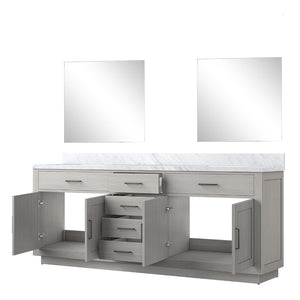 English Elm White Oak Double Bath Vanity Set With Carrara Marble Top & 34 In. Frameless Mirrors For Luxury Baths B2731S01555-GIGA