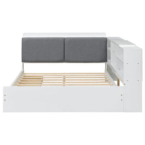 English Elm Wood Full Size platform bed with storage headboard, built-in shelves and drawers, sturdy pine frame, compact solution for small rooms White GX002054AAK