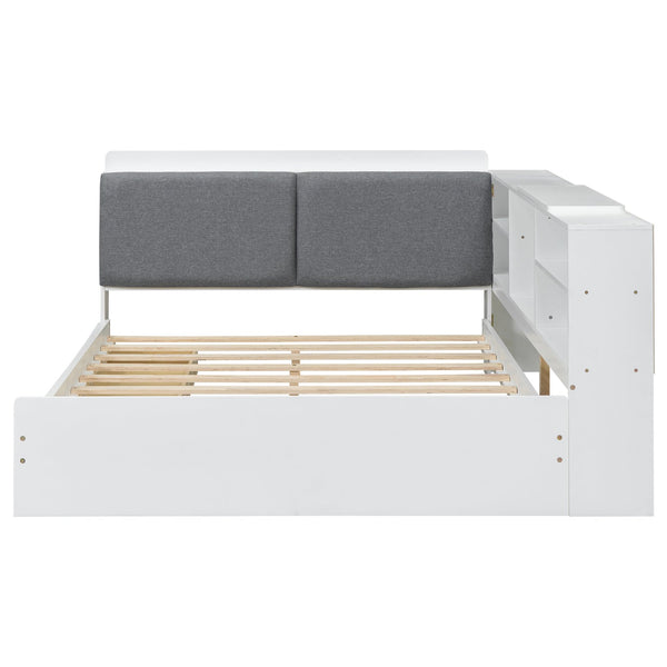 English Elm Wood Full Size platform bed with storage headboard, built-in shelves and drawers, sturdy pine frame, compact solution for small rooms White GX002054AAK
