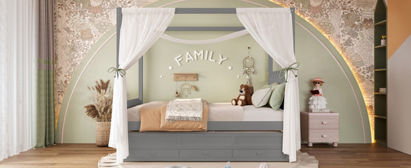 English Elm Full Bunk Bed with Trundle Bookshelf Storage Pine Frame Car Design for Kids W1580S00318