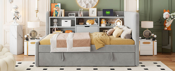 English Elm Twin Upholstered Daybed with Pull-Up Trundle, Velvet High Back with Shelves, Flip Storage & USB Gray SF000194AAE