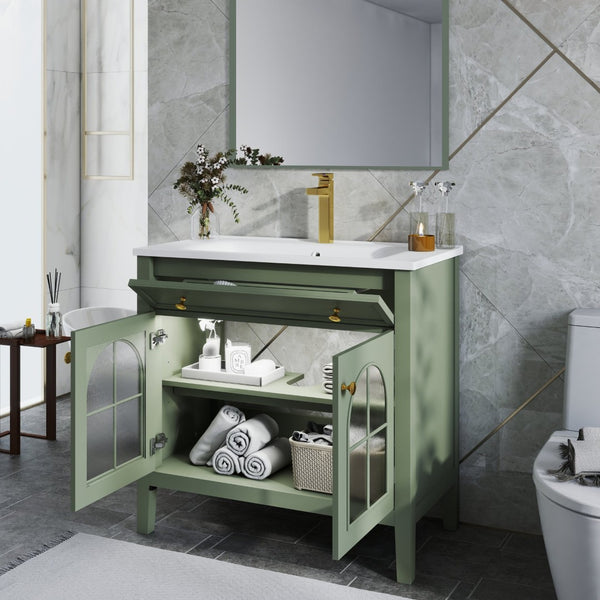 English Elm 35.6" Freestanding Bathroom Vanity with Roman Column Base and Ceramic Integrated Sink Green W1801S00014