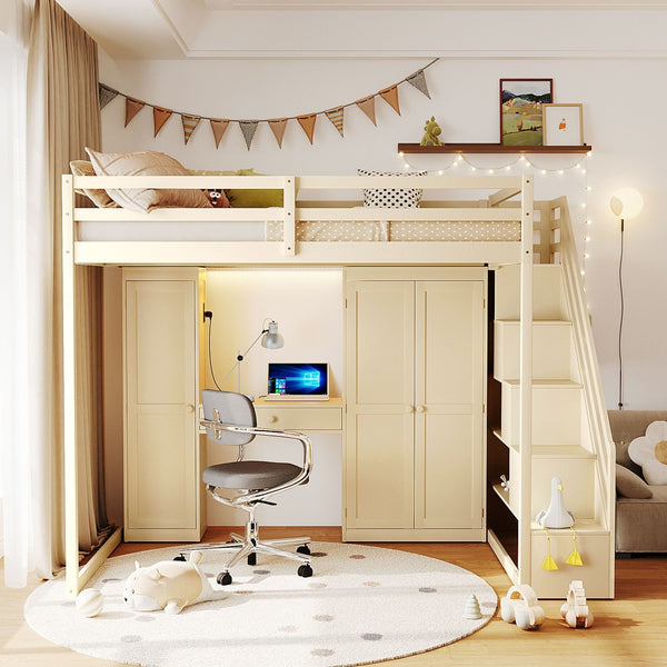 English Elm Full Size Loft Bed with Wardrobe Dressing Mirror Usb Ports and Teen Room Storage LT000276AAA