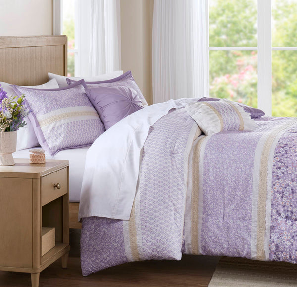 English Elm 5 PCS Seersucker Comforter Set Full/Queen with Lace Detail, Two Shams & Decorative Throw Pillows, Soft Microfiber Luxury B035P366534