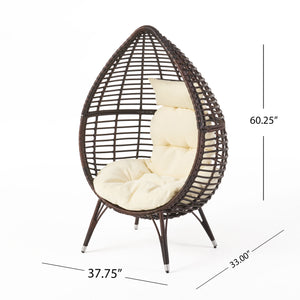 English Elm Christopher Knight Home® - CUTTER Teardrop Wicker Patio Chair with Water‑Resistant Beige Cushion, Metal Resin Frame, Plush Comfort 55787.00MBRN