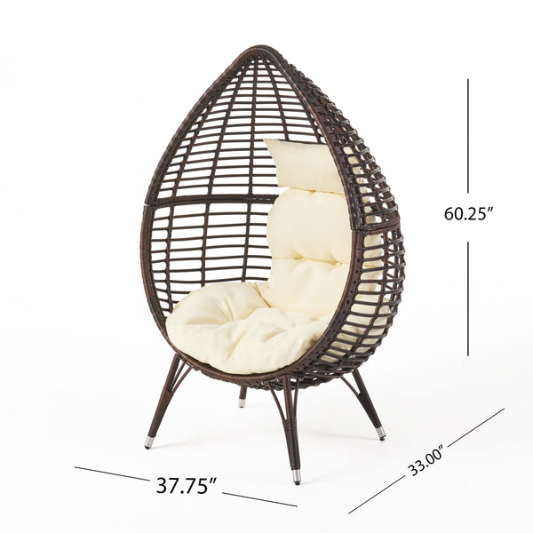 English Elm Christopher Knight Home® - CUTTER Teardrop Wicker Patio Chair with Water‑Resistant Beige Cushion, Metal Resin Frame, Plush Comfort 55787.00MBRN