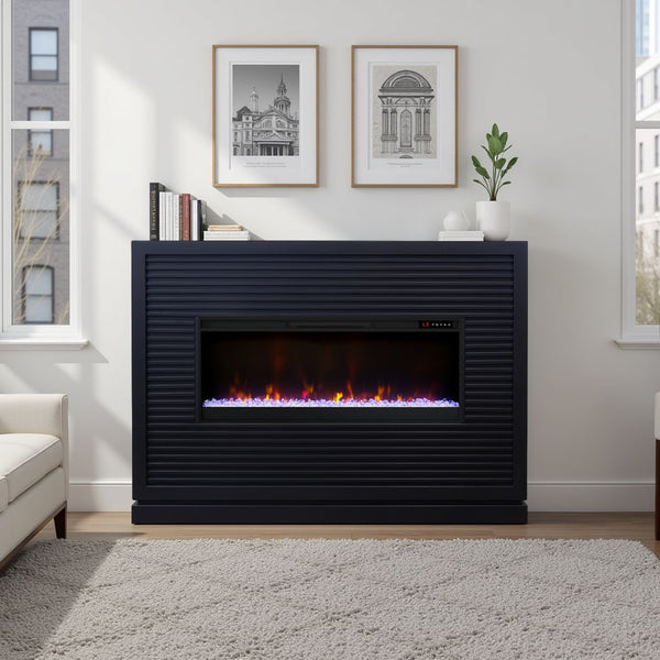 English Elm Riviera 64" Fireplace Mantel with 42" Electric Insert, Poplar & Okume Veneer, Bourbon Finish, Remote Control Black B108P364426