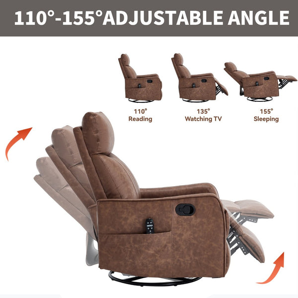 English Elm Beige Fabric Swivel Rocker Recliner with Massage Nodes and Lumbar Heat for Living Room Brown W1803P363426