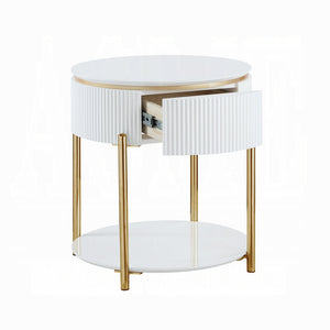 English Elm White White High Gloss and Gold End Table with Drawer and Shelf, 24" Chic Accent Nightstand for Stylish Storage B062P209067