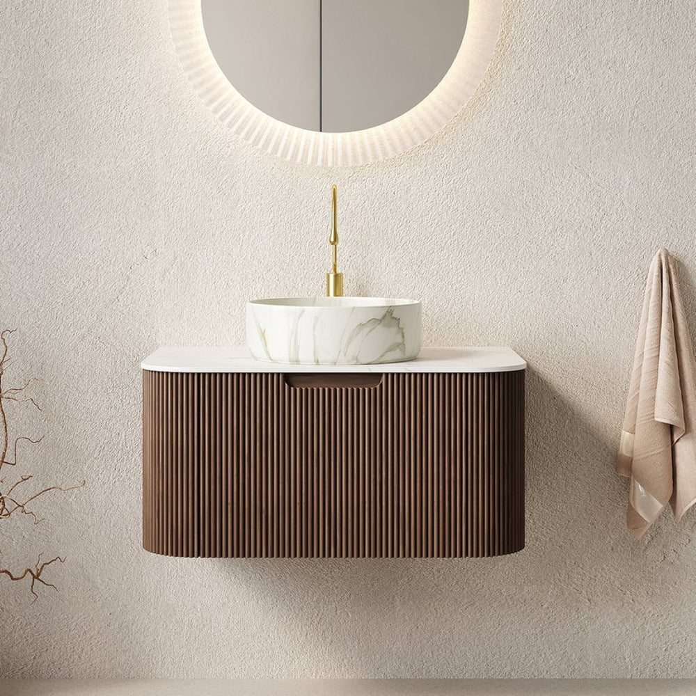 English Elm Muri Floating Bathroom Vanity Plywood Cabinet Sintered Stone Top Oak Drawer Walnut,White W2615S00413